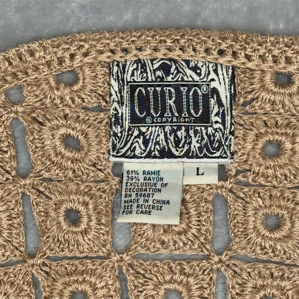 Vintage Anthropologie CURIO Beige Crochet Knit Granny Square Cardigan Sweater L - Picture 7 of 12